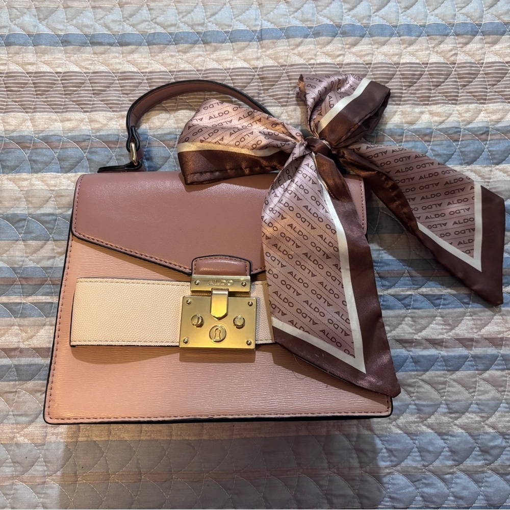 0042- ALDO Blush Pink Structured Top Handle Purse Bow Scarf Elegant Chic